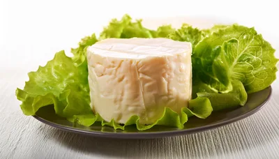 Fresh Round Cheese Wheel Served On Lettuce Leaves