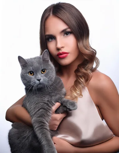 Beautiful Woman Holding A Grey British Shorthair Cat