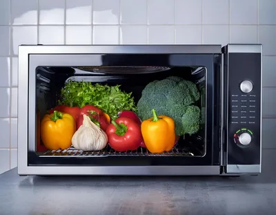 Fresh Vegetables Stored Inside A Modern Microwave Oven