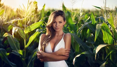 Beautiful Woman Posing In A Sunny Cornfield