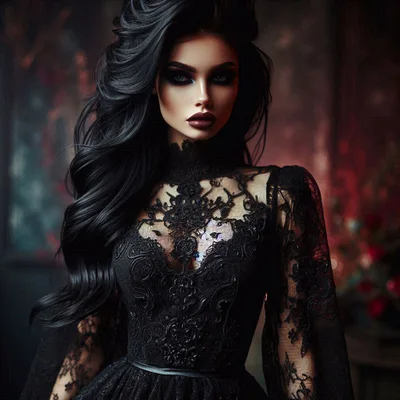 Gothic Woman In Elegant Black Lace Dress