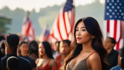 Young Woman Standing In A Patriotic Crowd