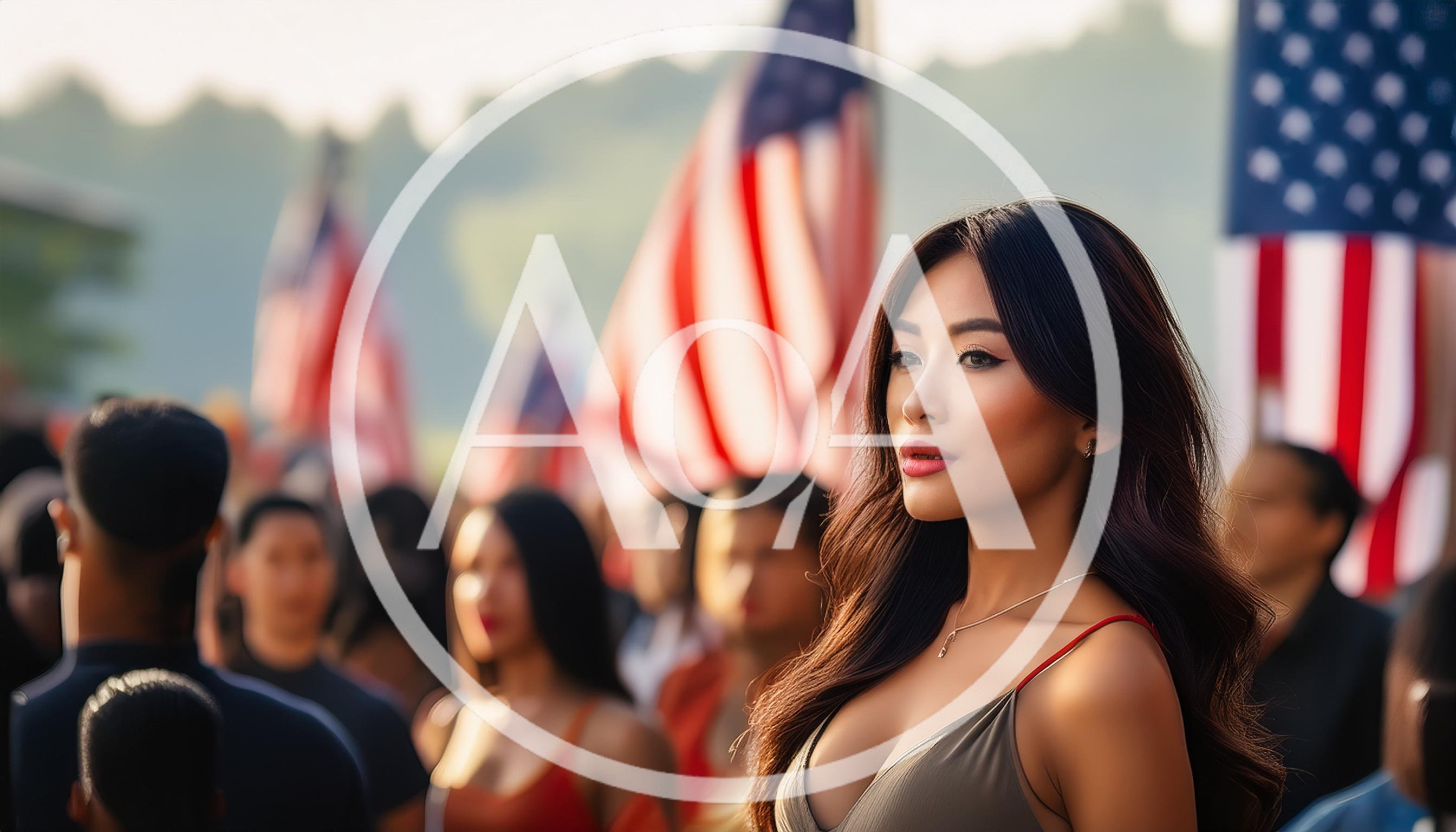 Young Woman Standing In A Patriotic Crowd