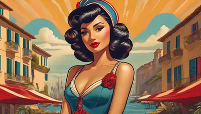 Vintage Pinup Woman In Mediterranean Coastal Town