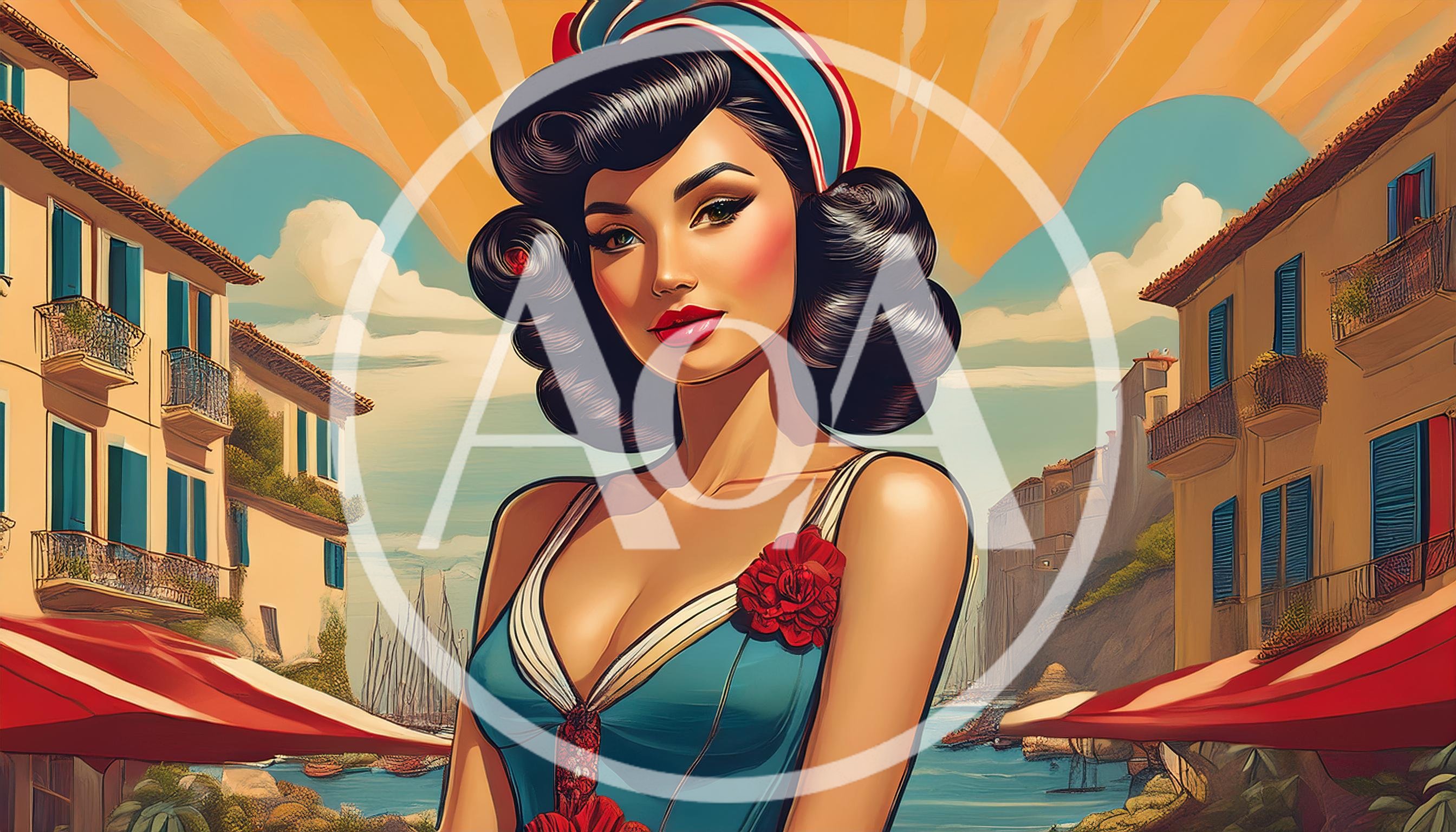 Vintage Pinup Woman In Mediterranean Coastal Town