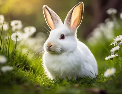 White Rabbit Sitting In A Sunny Meadow
