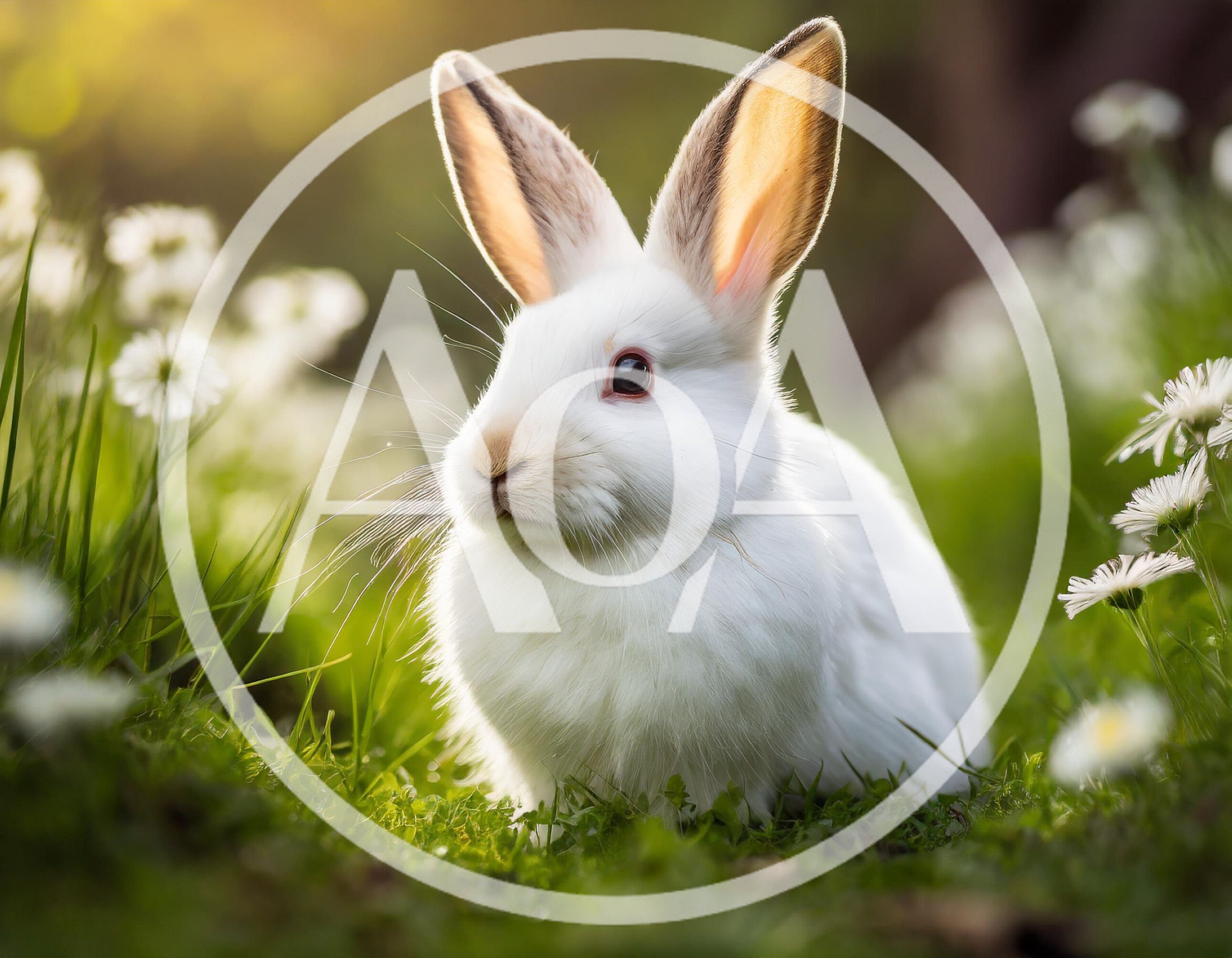 White Rabbit Sitting In A Sunny Meadow
