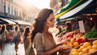 Young Woman Shopping For Fresh Produce At Outdoor Market