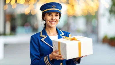 Smiling Flight Attendant Holding A Gift Box