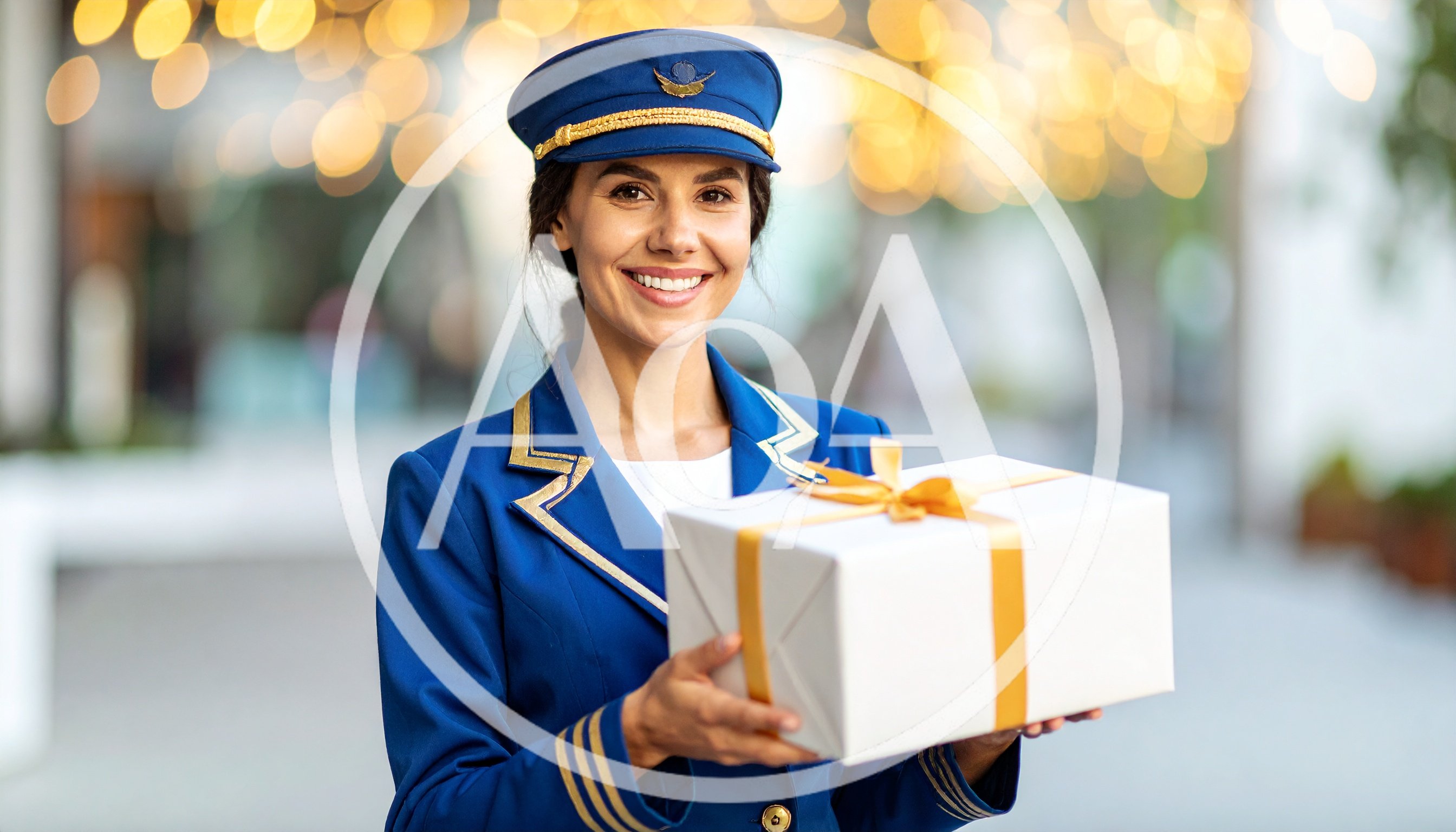 Smiling Flight Attendant Holding A Gift Box