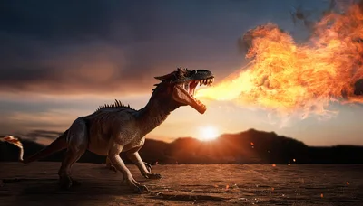 Fire Breathing Dinosaur Roaring In A Desert Landscape