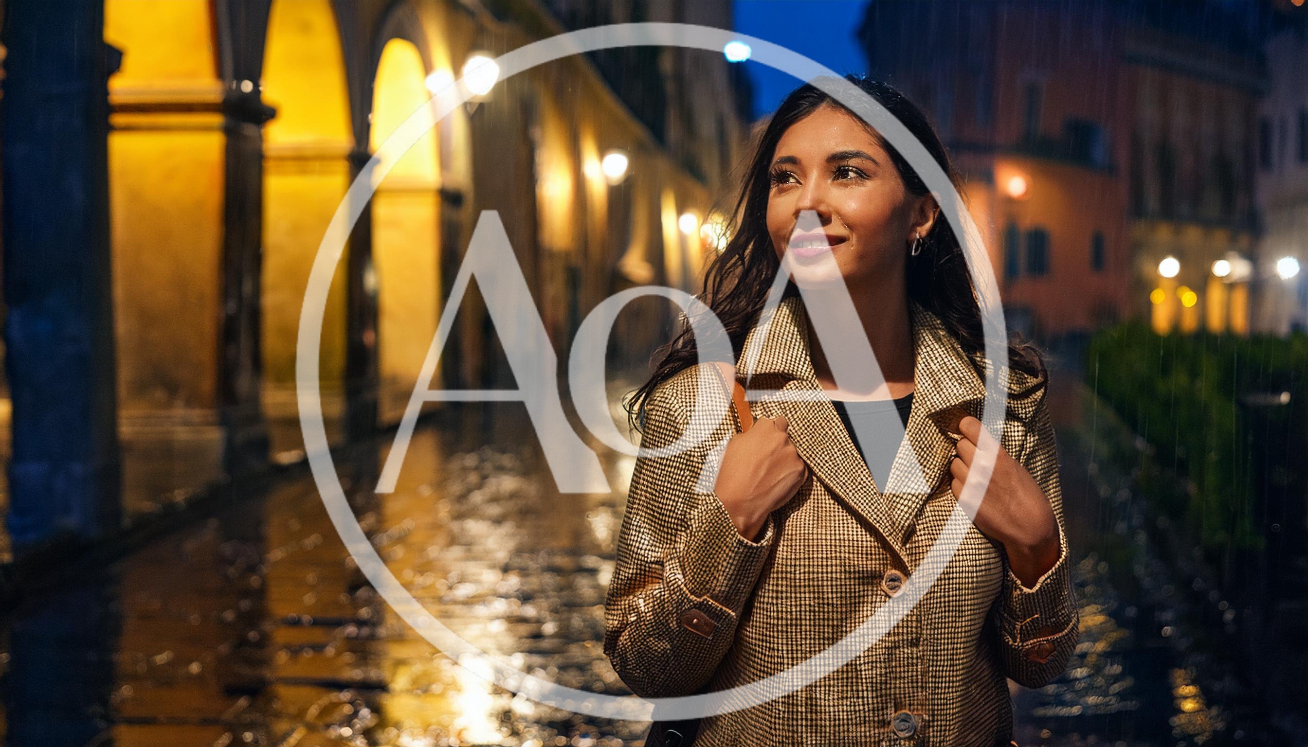Young Woman Walking Through Rainy European City Street