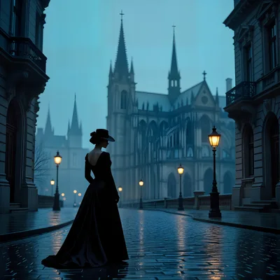 Elegant Woman In Victorian Dress Standing On Cobblestone Street