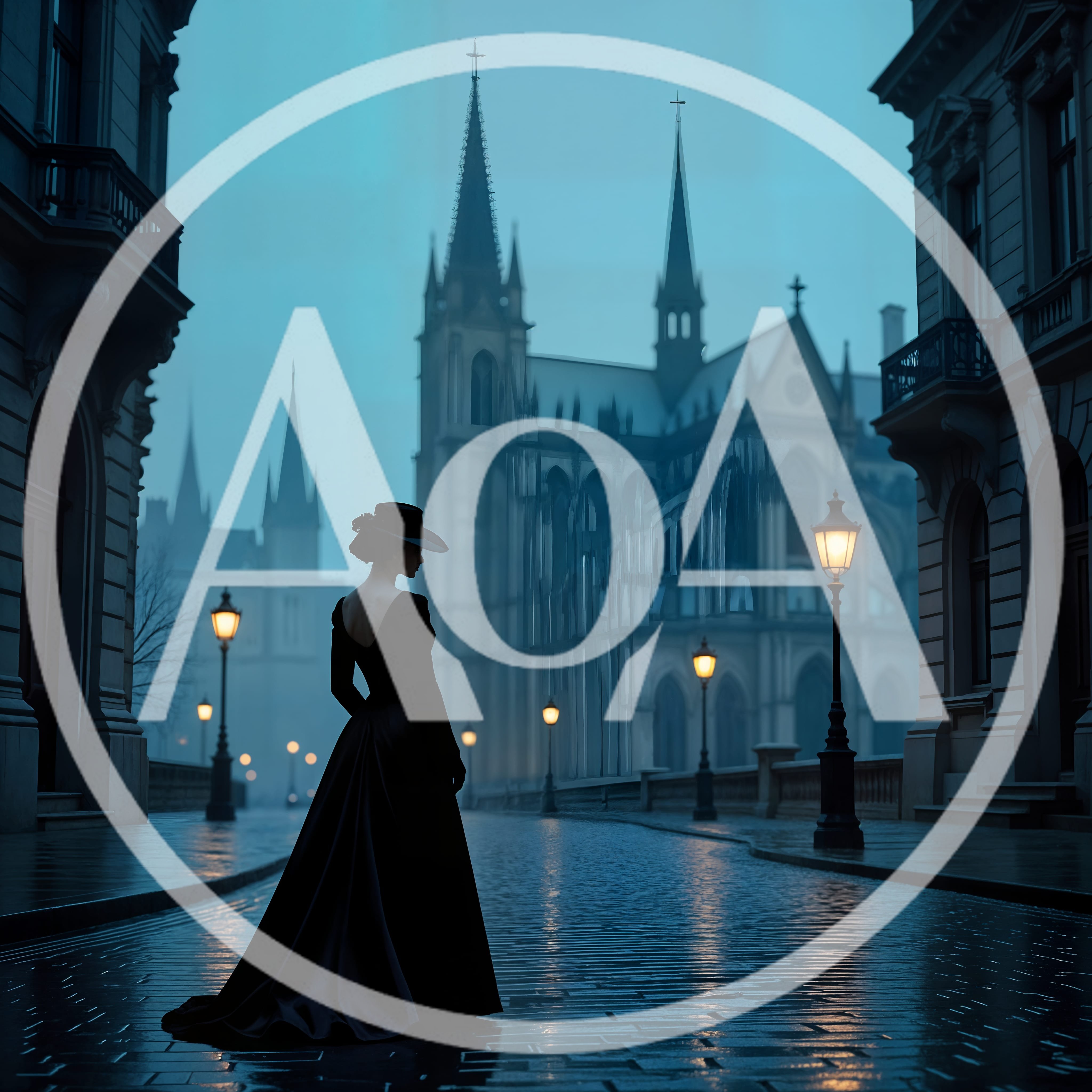 Elegant Woman In Victorian Dress Standing On Cobblestone Street
