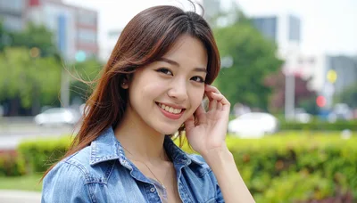 Young Asian Woman Smiling Outdoors In Denim Shirt