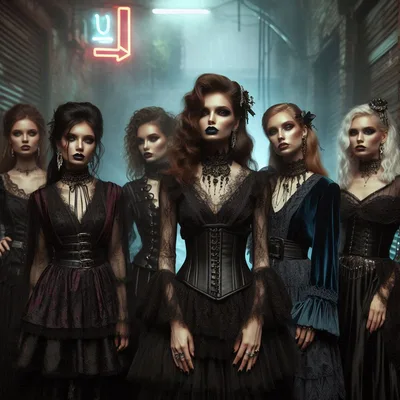 Group of Gothic Women in Dark Victorian Attire