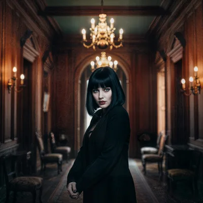 Gothic Woman Standing In Haunted Victorian Hallway