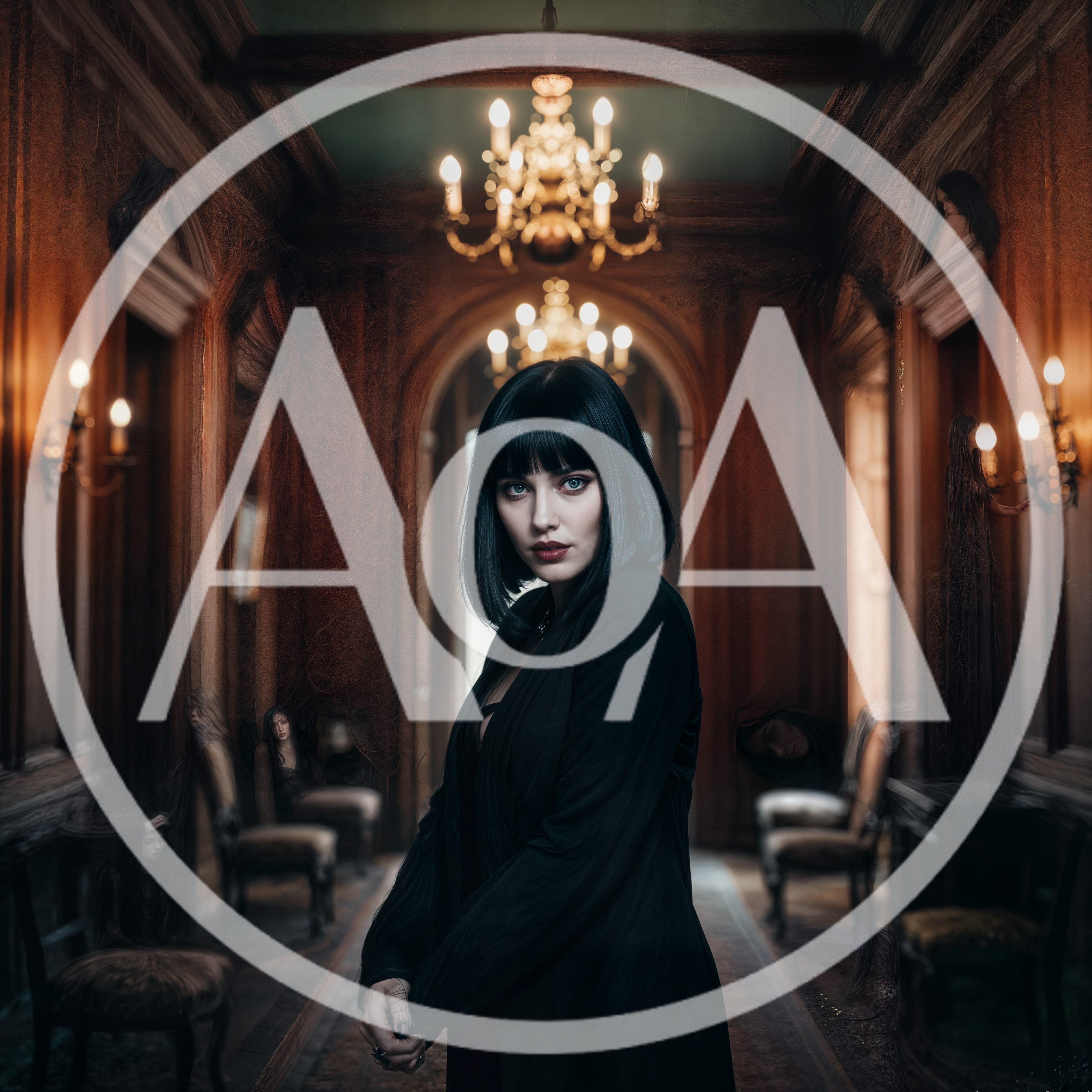 Gothic Woman Standing In Haunted Victorian Hallway