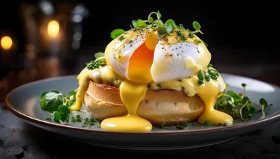 Poached Egg Benedict With Hollandaise Sauce On Muffin