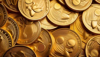 Close Up Of Stacked Golden Coins With Floral Relief