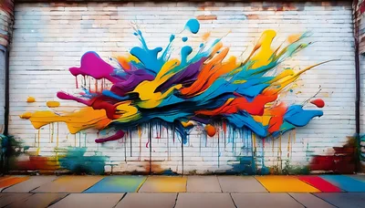 Vibrant Abstract Paint Splatter On White Brick Wall