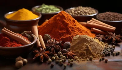 Assorted Spices and Powders on Wooden Surface