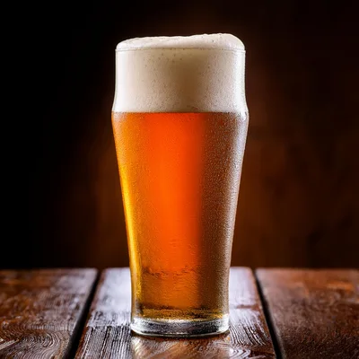 Cold Glass Of Refreshing Beer On Wooden Table