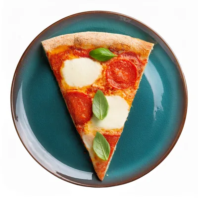 Single Slice Of Pepperoni Pizza On A Blue Plate