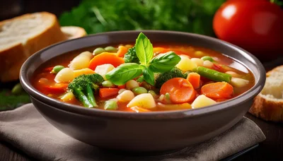 Bowl Of Fresh Vegetable Soup With Basil Garnish