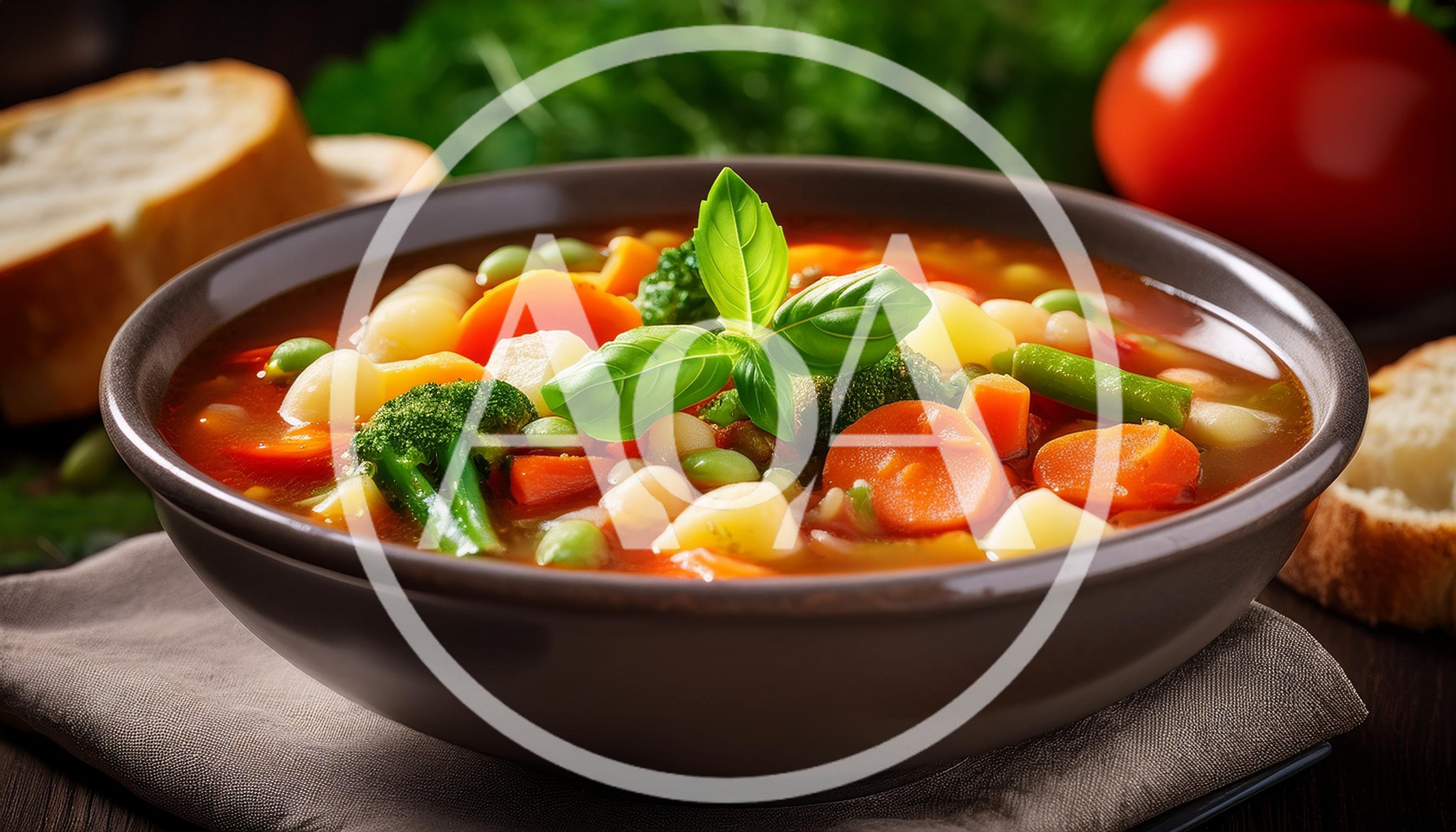 Bowl Of Fresh Vegetable Soup With Basil Garnish