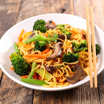 Stir Fried Noodles With Vegetables And Mushrooms