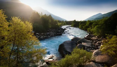Glacial River Flowing Through A Mountain Valley