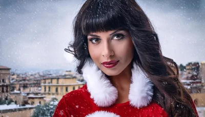 Beautiful Woman Dressed As Santa Claus In Snowy City