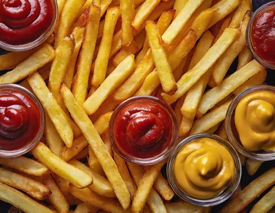 Golden French Fries With Ketchup And Mustard Dips