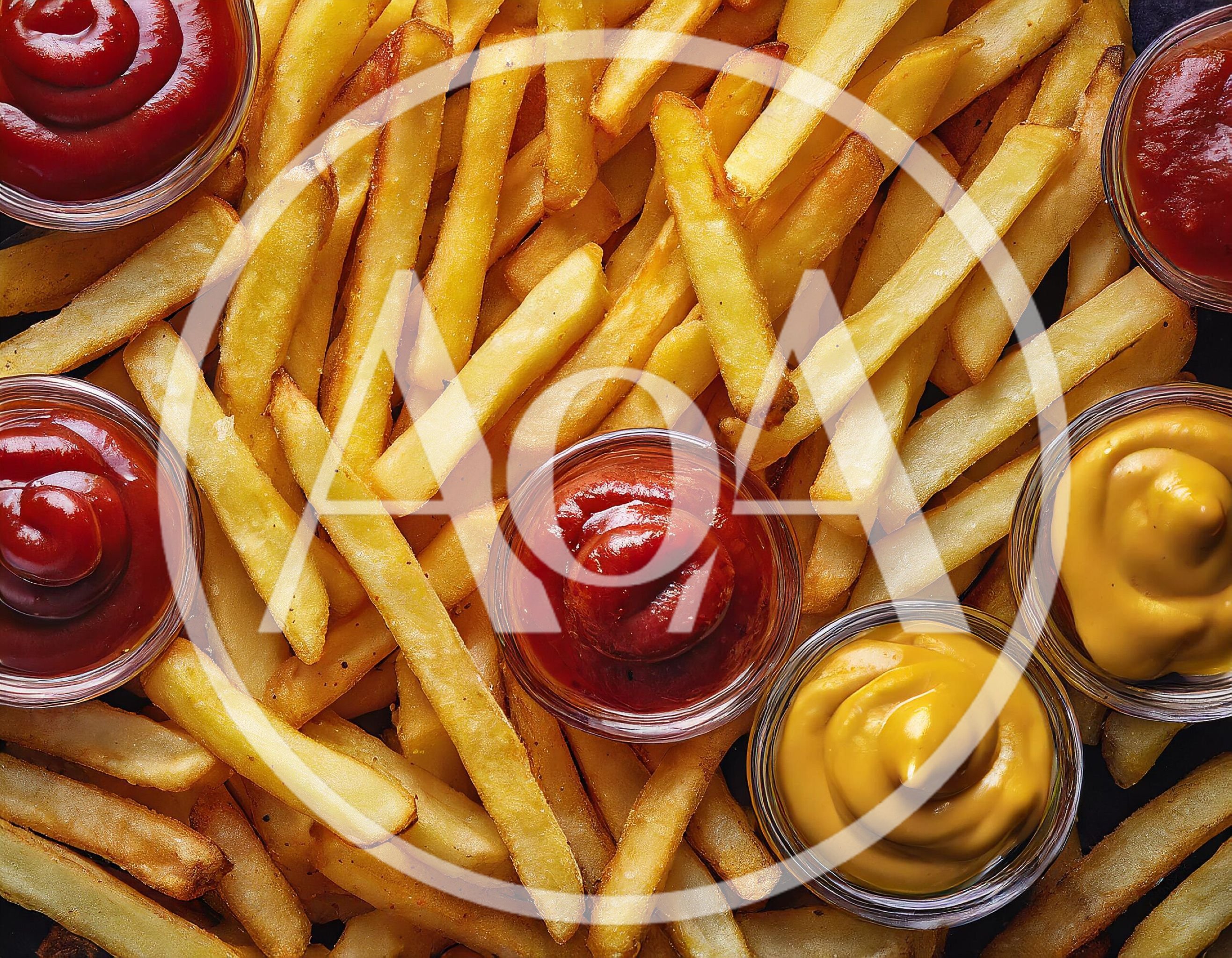 Golden French Fries With Ketchup And Mustard Dips