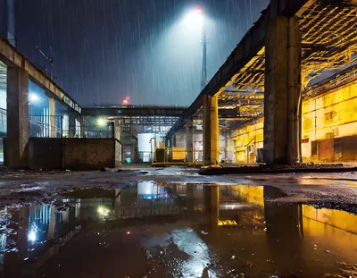 Abandoned Industrial Warehouse At Night In The Rain