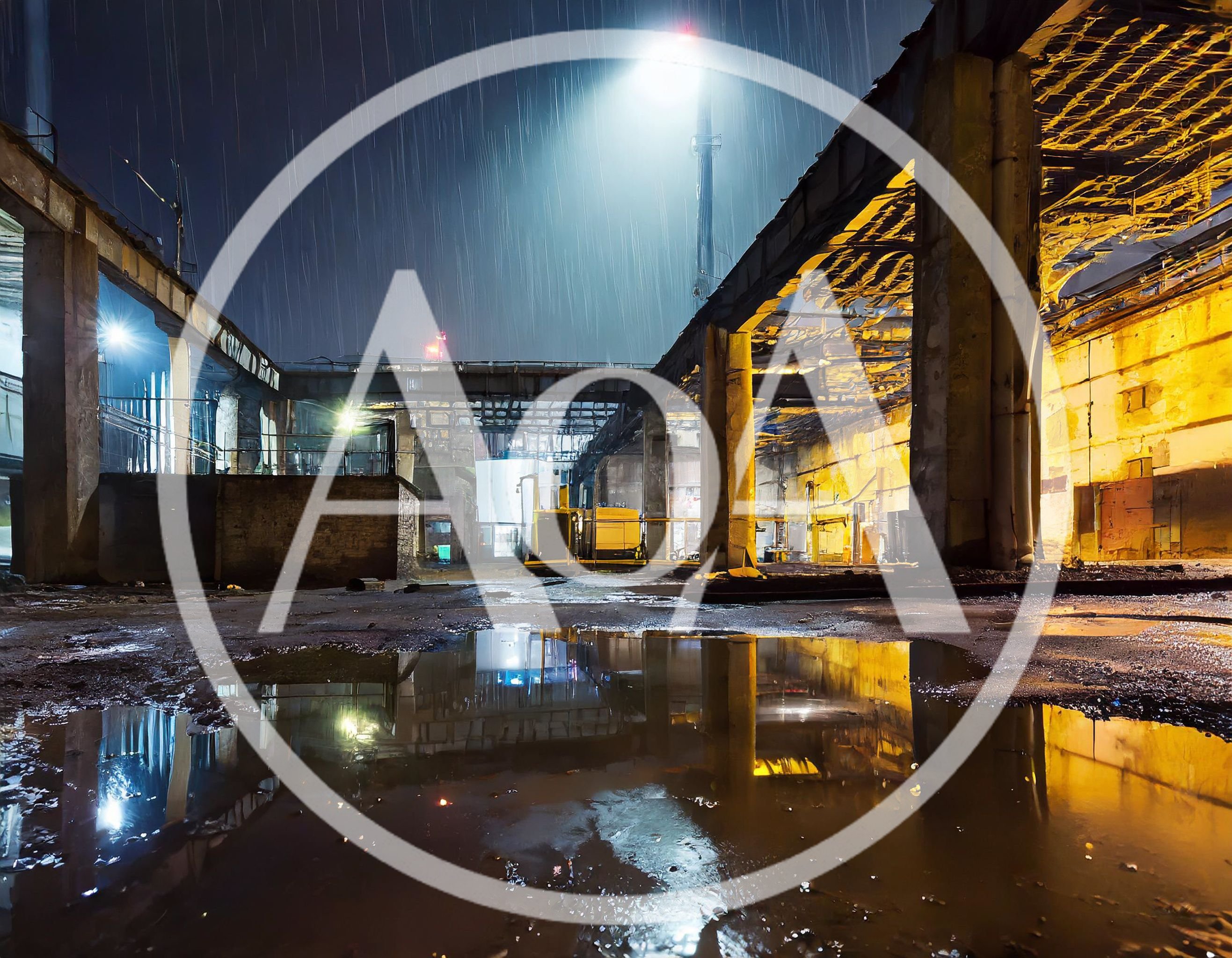 Abandoned Industrial Warehouse At Night In The Rain