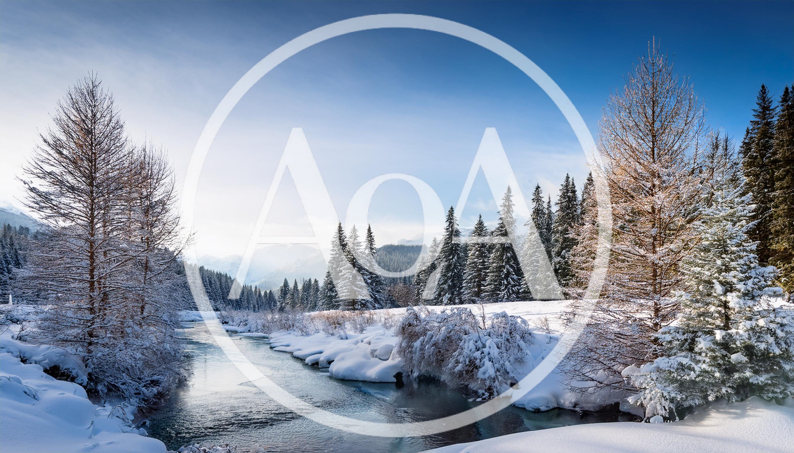 Winter Landscape With Frozen River And Snowy Pine Forest