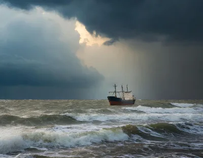 Cargo Ship Sailing Through Stormy Ocean Waters
