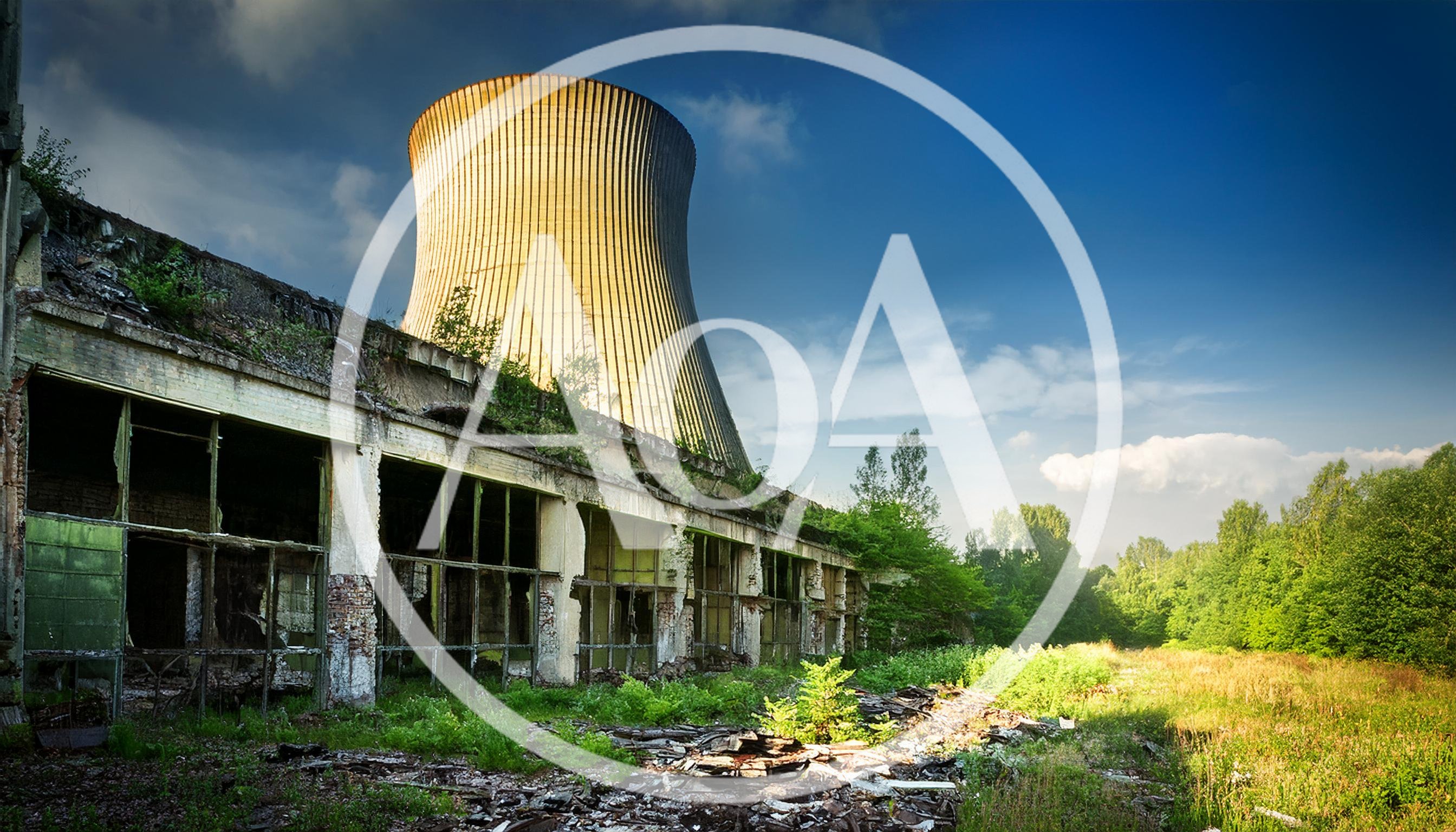 Abandoned Industrial Cooling Tower And Dilapidated Factory Building