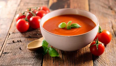 Bowl Of Tomato Soup With Fresh Basil And Tomatoes