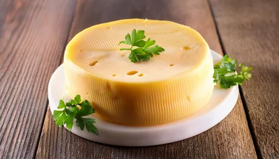 Round Wheel Of Yellow Cheese On A White Plate