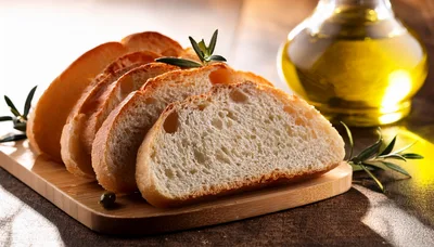 Fresh Sliced Ciabatta Bread With Rosemary And Olive Oil