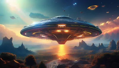 Futuristic Alien Spaceship Hovering Over Alien Landscape