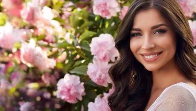 Beautiful Woman Smiling In Front Of Blooming Peonies