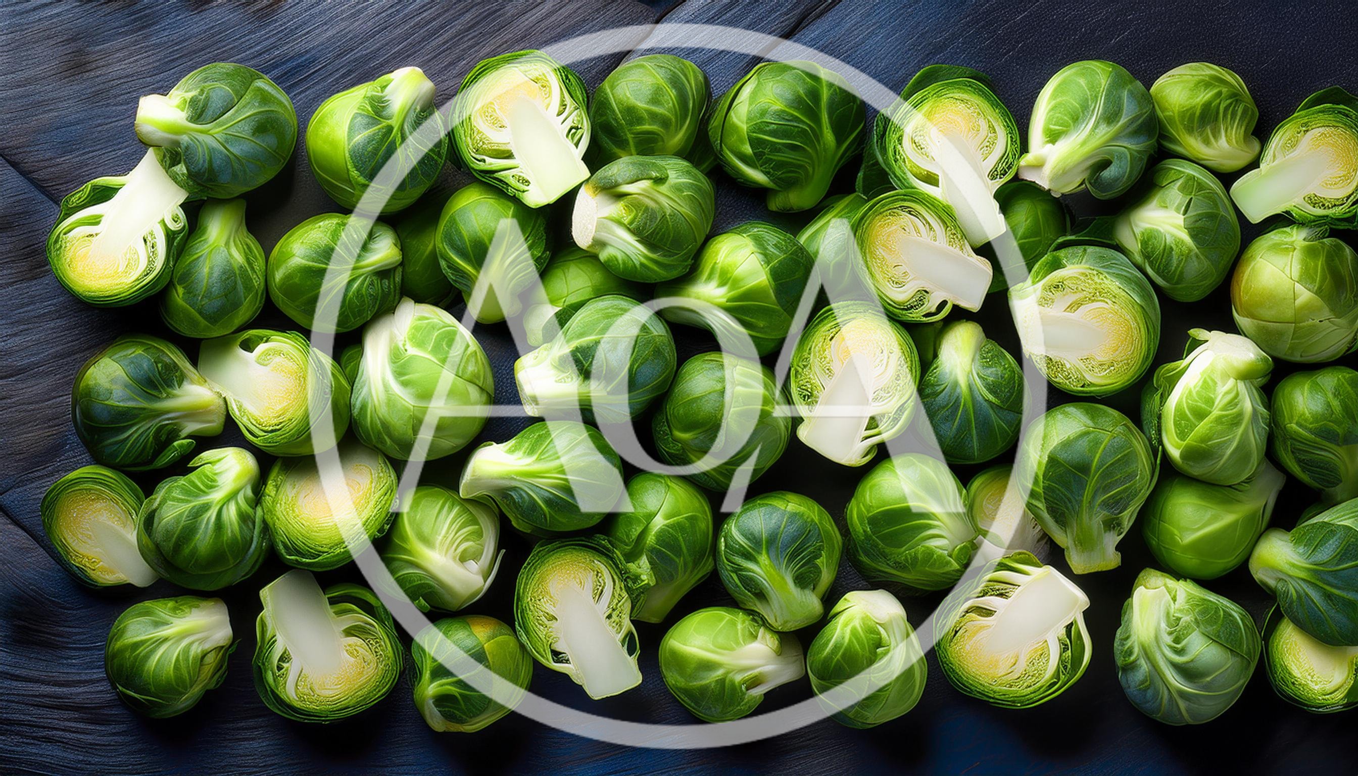 Fresh Brussels Sprouts Scattered on Dark Wooden Surface