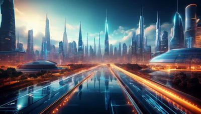 Futuristic Cityscape With Glowing Highway At Sunset