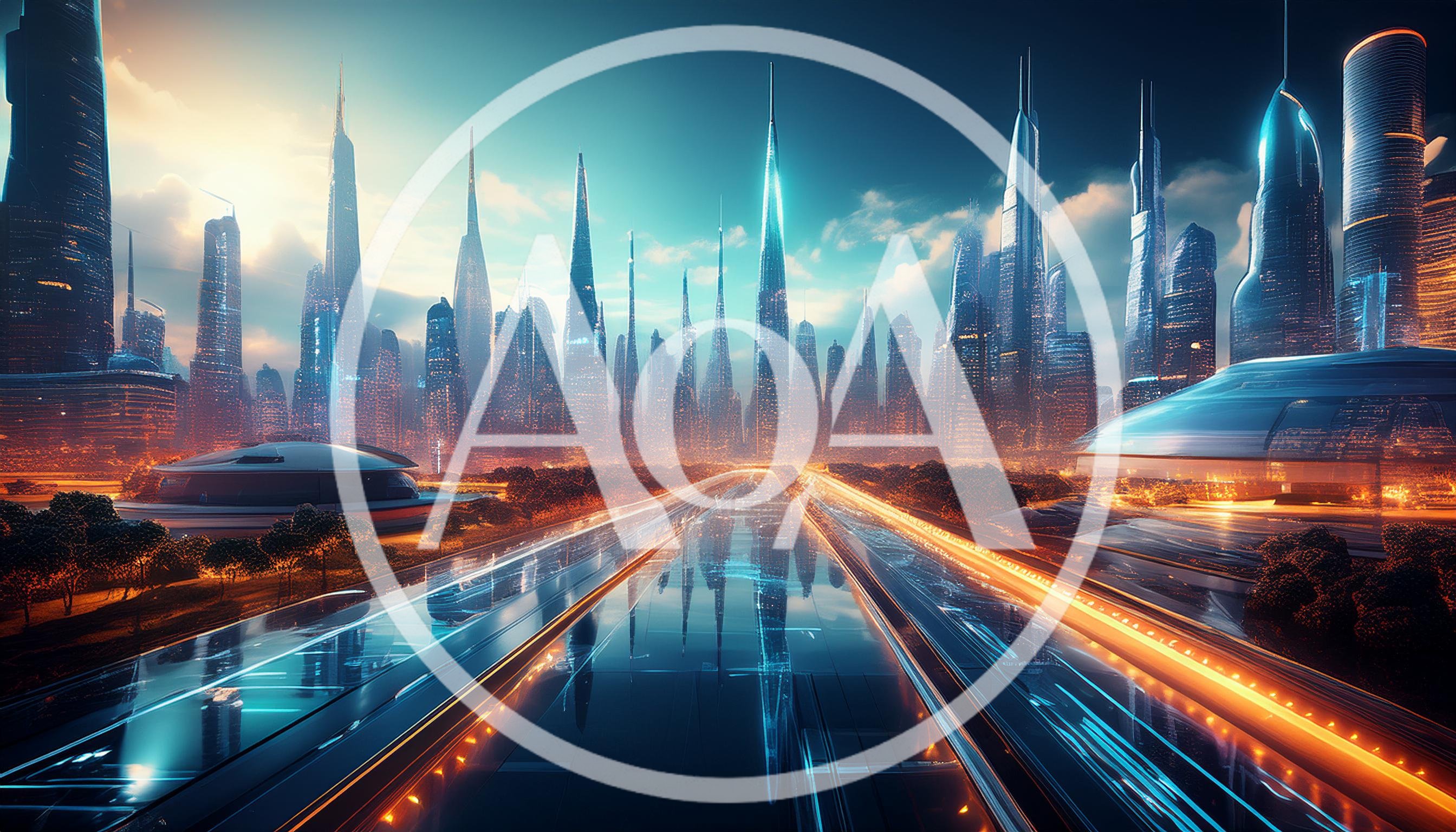 Futuristic Cityscape With Glowing Highway At Sunset