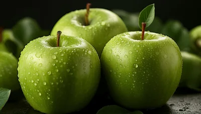 Three Fresh Green Apples With Water Droplets