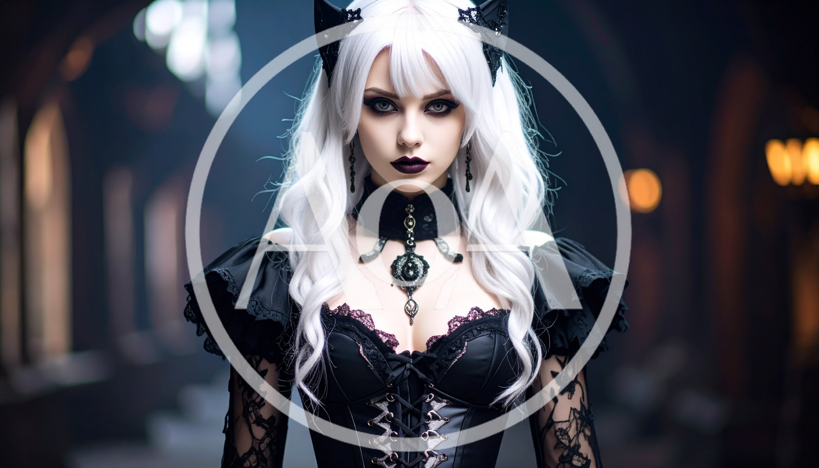 Gothic Woman With White Hair In Dark Setting